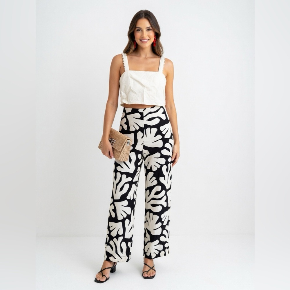 House of Harlow 1960 Black & Ivory Linen Printed Pant Set Size 6